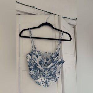 Blue and White Printed Spaghetti Strap Cowl Neck Top